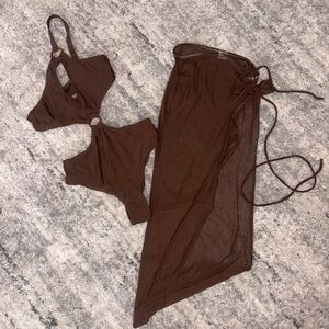 Brown Two-Piece Swimsuit with Sheer Sarong